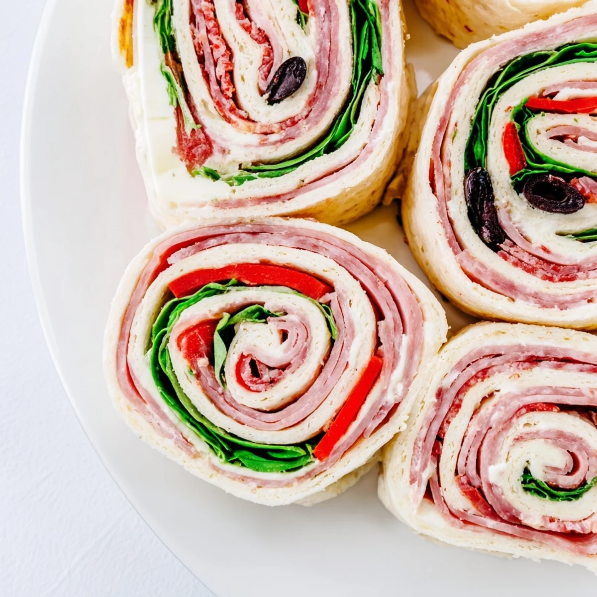 Colorful Italian pinwheel sandwiches sliced into rounds revealing layers of salami pepperoni provolone and roasted red peppers
