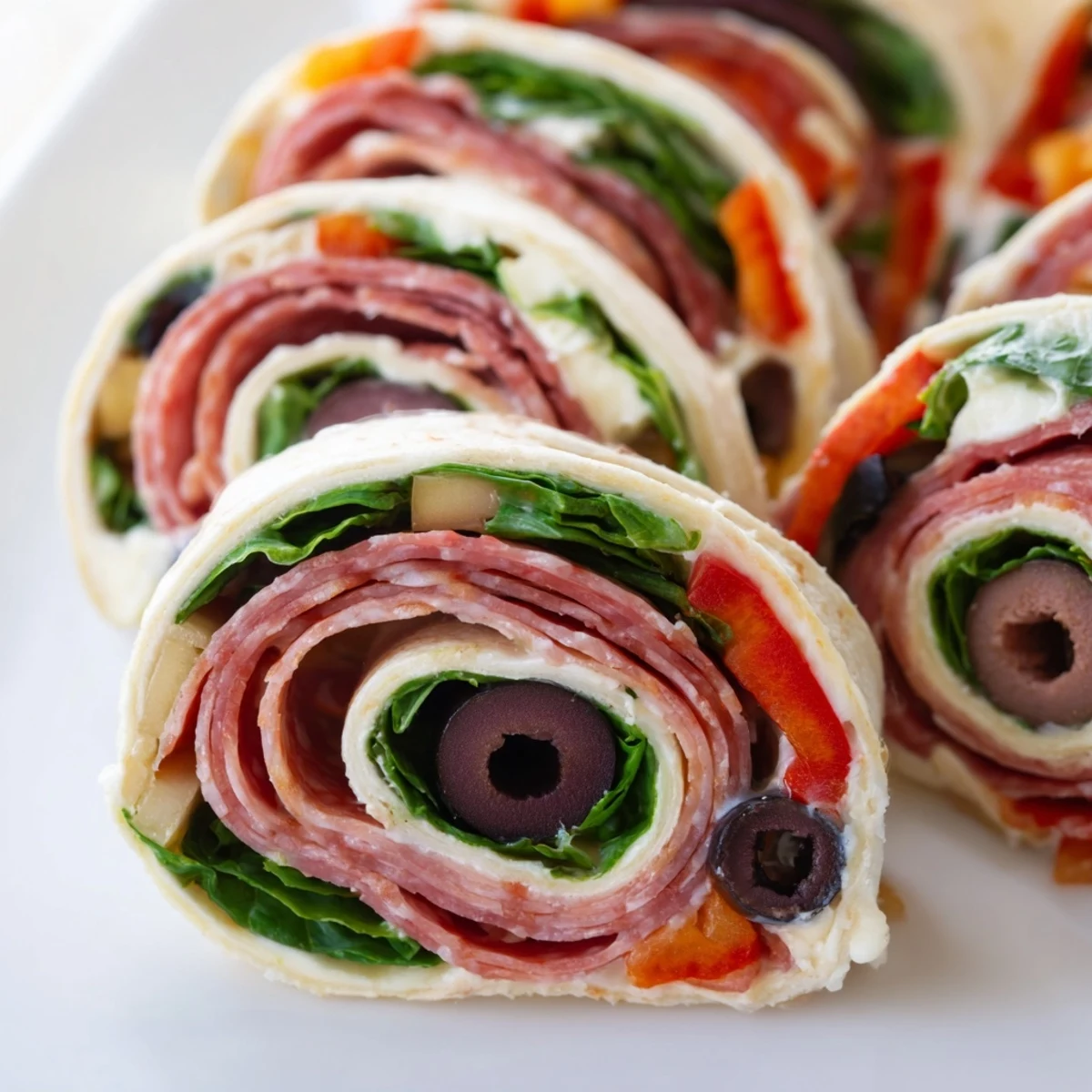 Spiral Italian pinwheel sandwiches arranged on a serving platter showcasing Genoa salami ham spinach and cream cheese filling