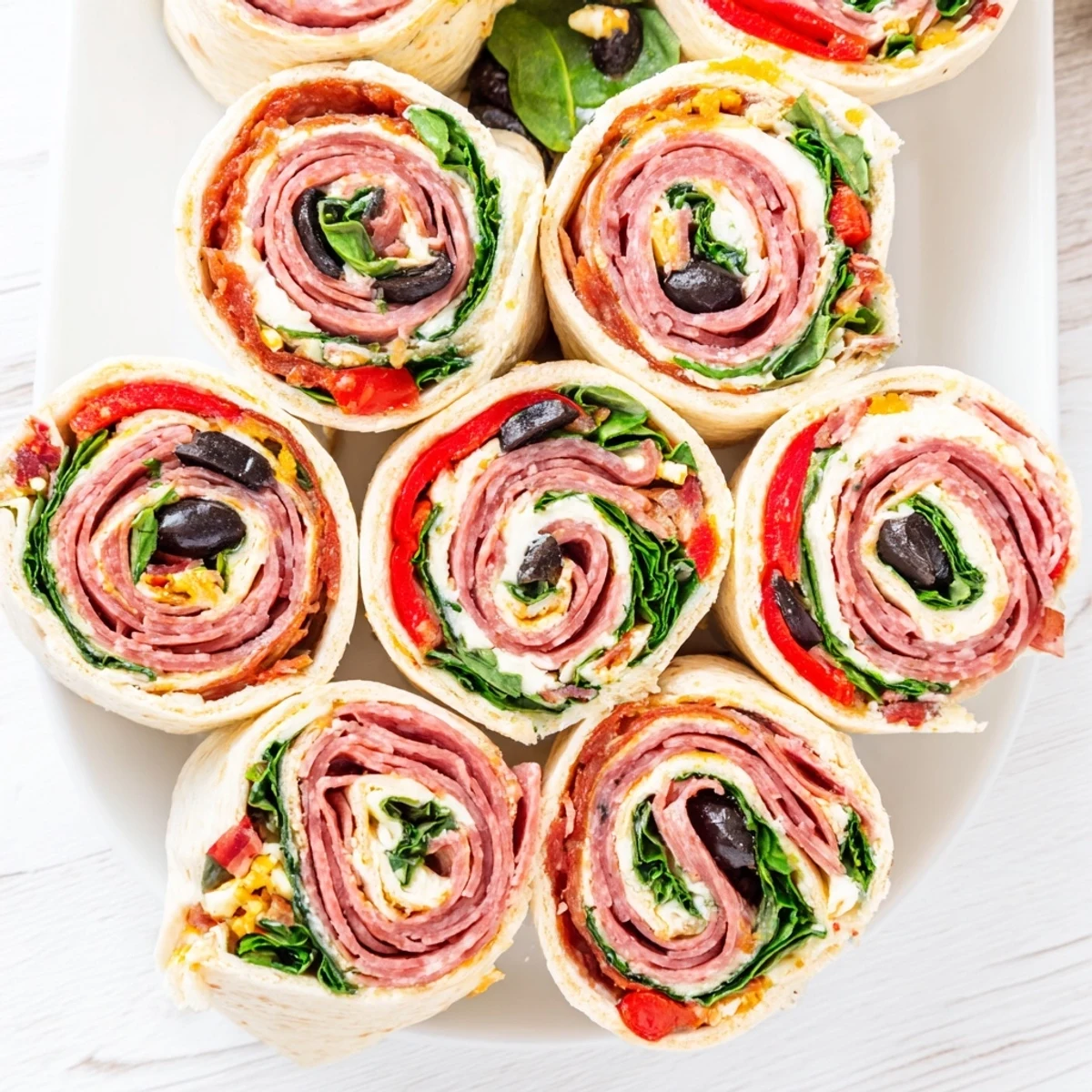 Close-up of sliced Italian pinwheel sandwiches displaying rolled tortilla with deli meats cheese and vegetables inside