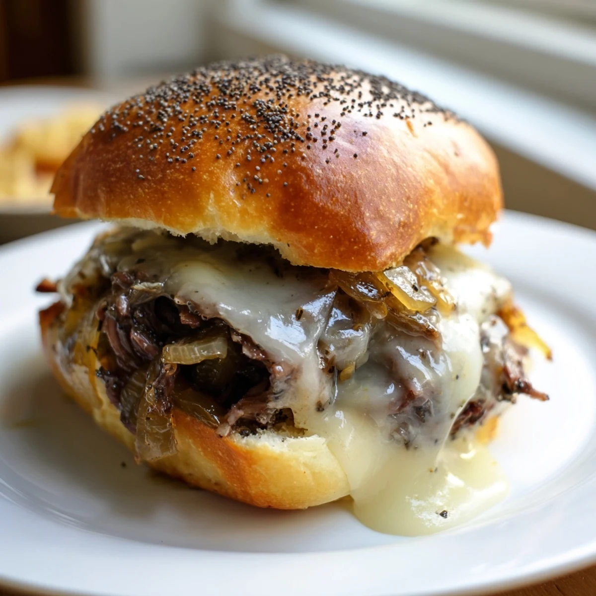 Golden French dip sliders stacked with roast beef and melted provolone cheese on toasted buns