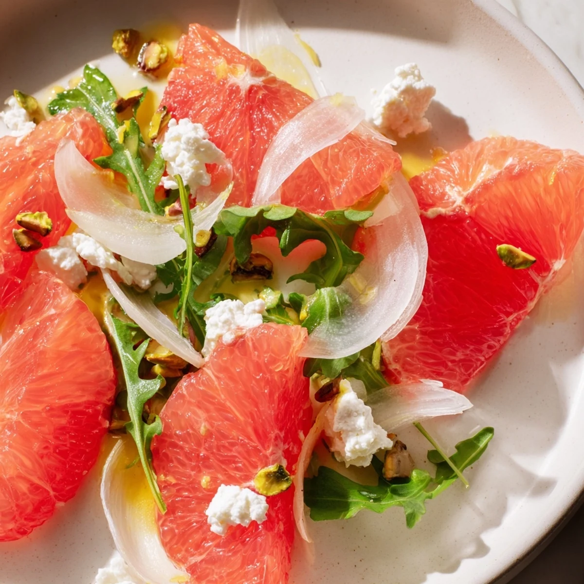 Fresh grapefruit goat cheese and fennel salad arranged on white serving platter with vibrant pink citrus segments