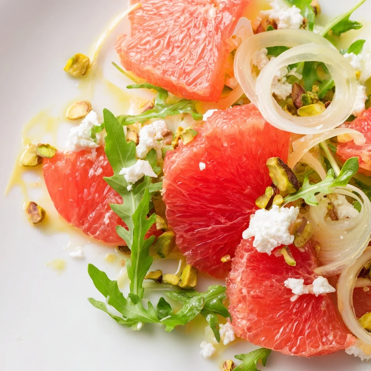 Close-up view of grapefruit goat cheese and fennel salad featuring juicy citrus segments and creamy crumbled cheese
