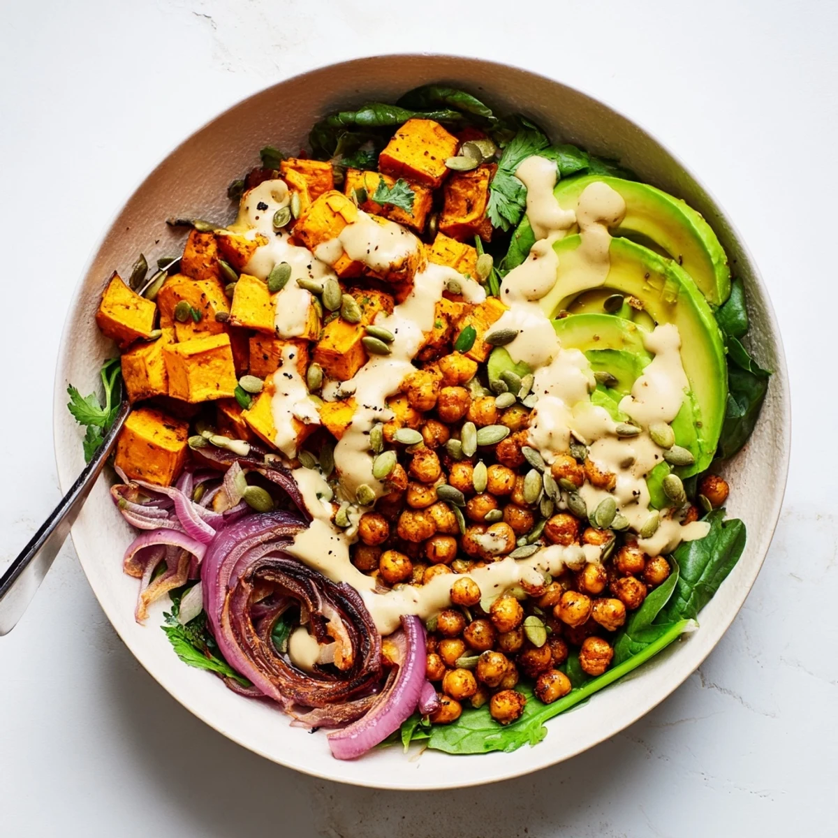 Vibrant roasted sweet potato and chickpea bowl featuring caramelized vegetables avocado slices and zesty sesame tahini sauce