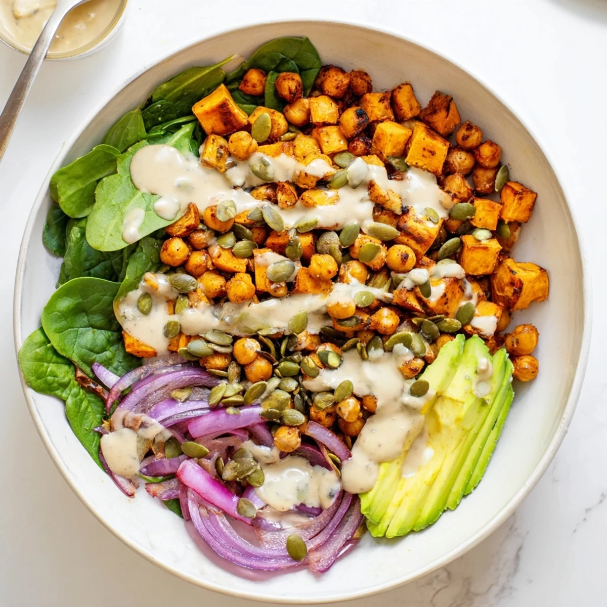 Wholesome vegetarian meal bowl with spiced roasted sweet potatoes chickpeas mixed greens and velvety lemon tahini dressing