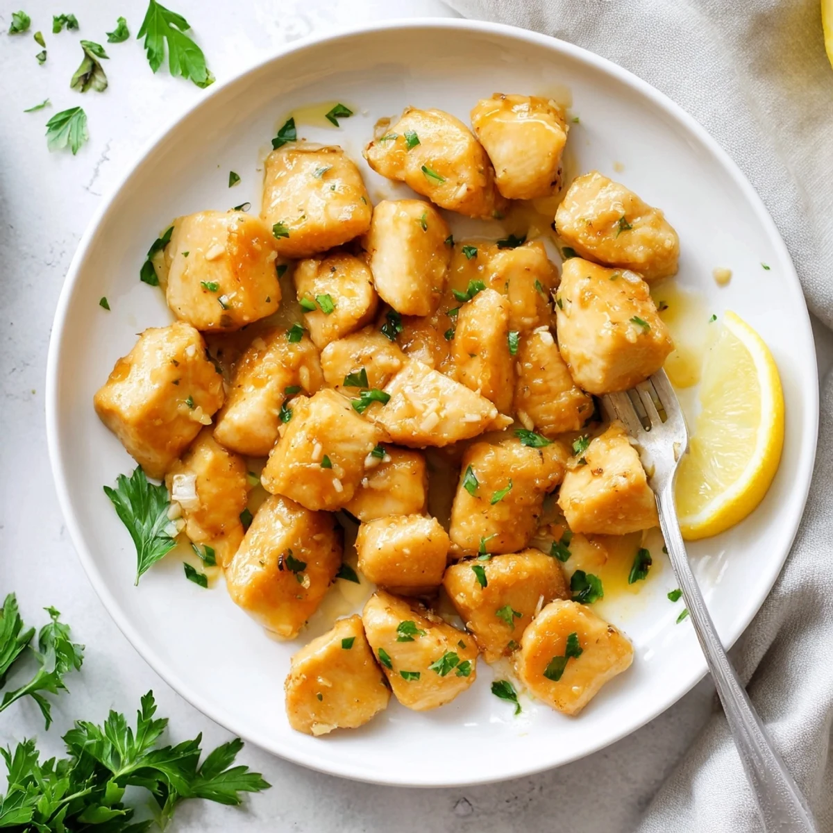 Golden brown garlic butter chicken bites served hot with fresh parsley and lemon wedges