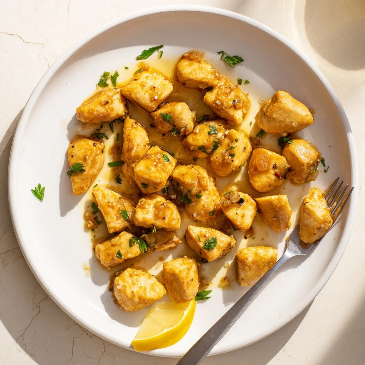 Tender seared chicken pieces coated in rich garlicky butter sauce on a white plate