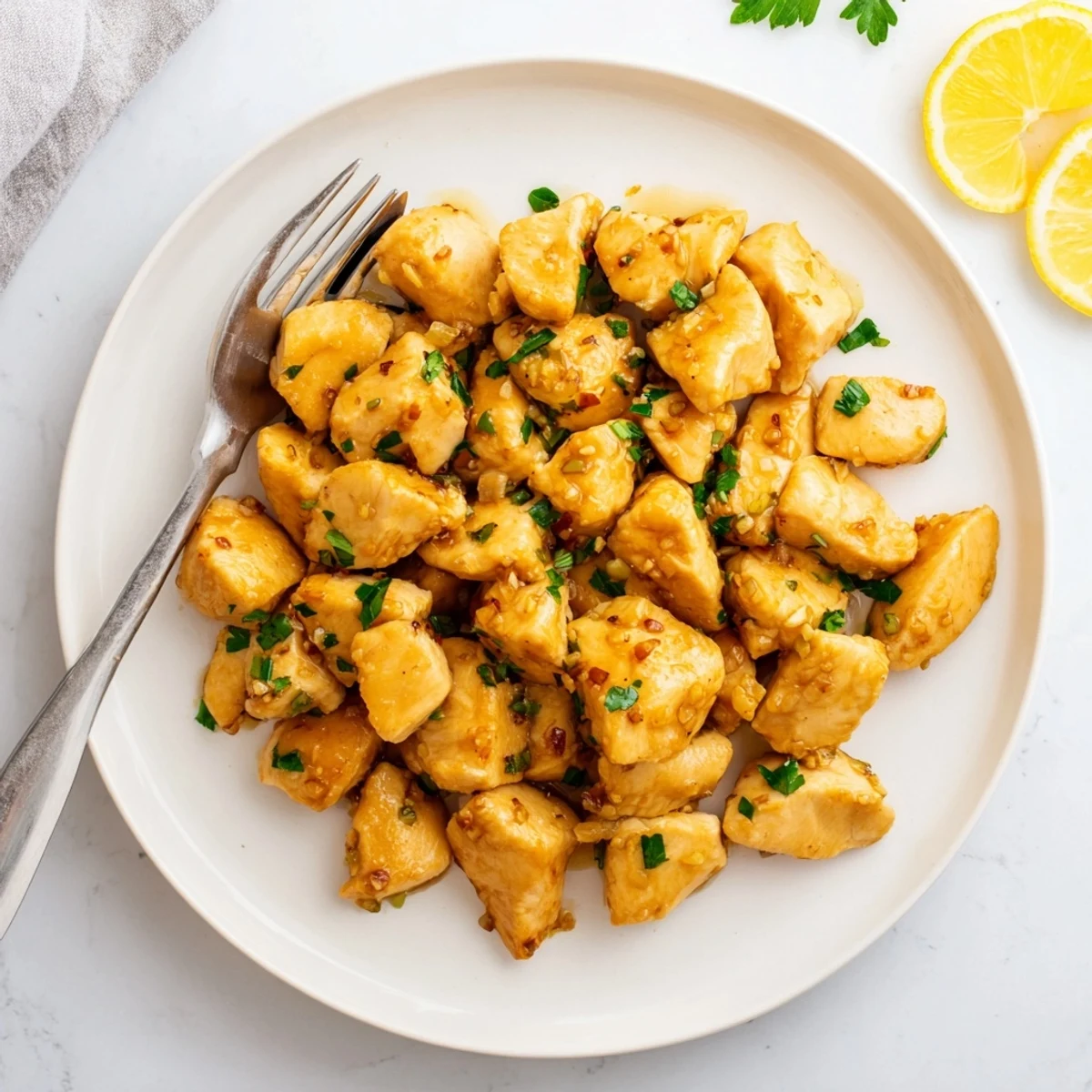 Juicy chicken bites tossed in melted garlic butter and garnished with chopped herbs