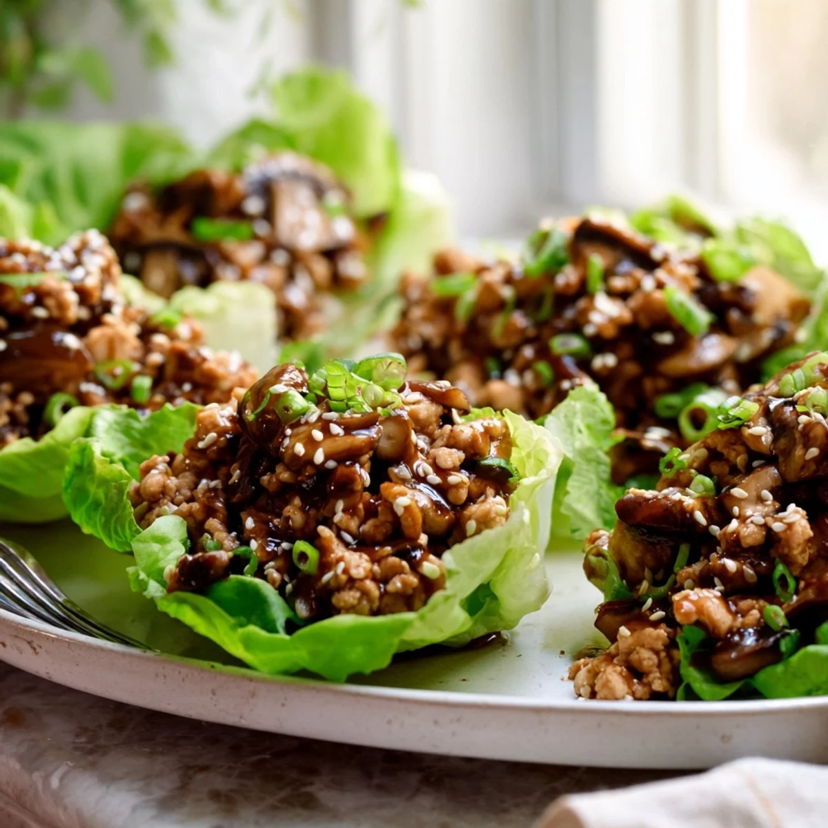 Golden brown chicken mixture spooned into fresh lettuce leaves with sesame seed garnish