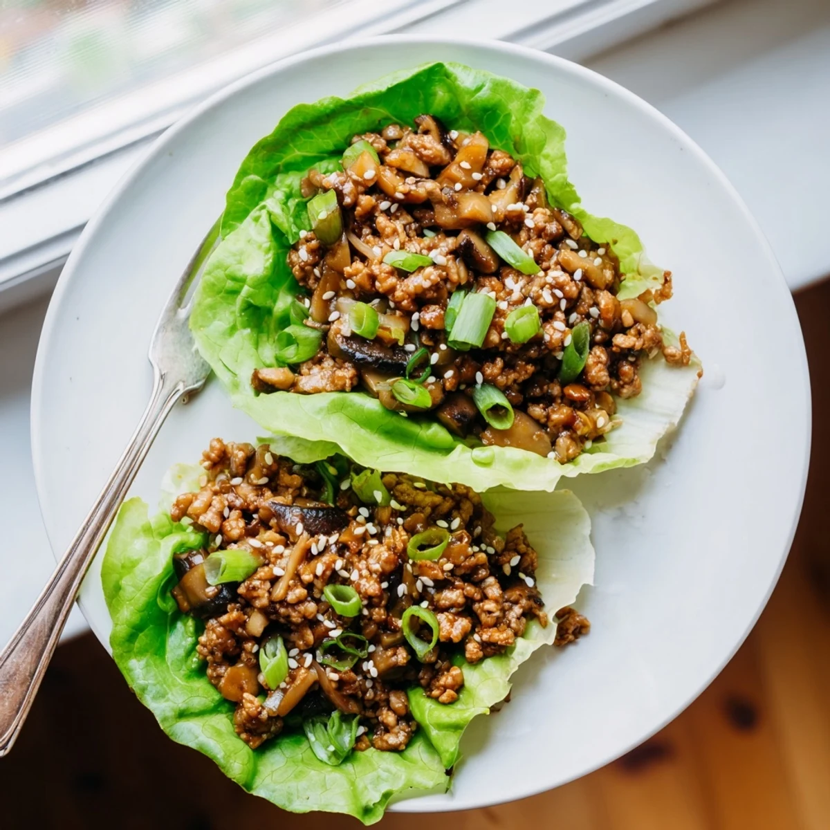 Healthy low carb chicken lettuce wraps featuring glossy hoisin glazed meat and vegetables
