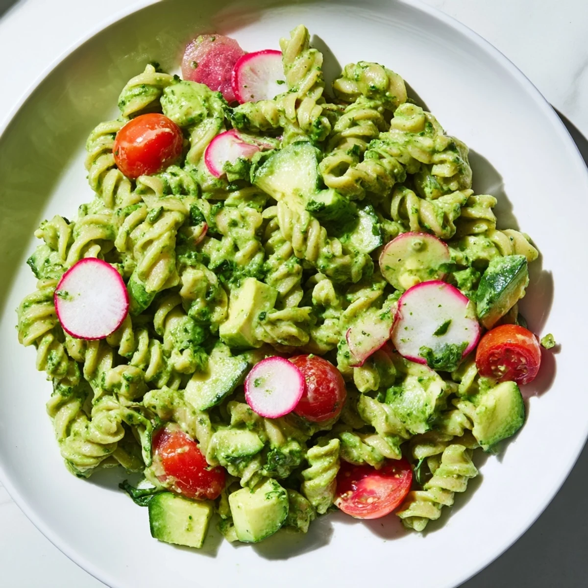Vibrant Green Goddess Pasta Salad featuring rotini pasta tossed with fresh herbs and colorful crisp vegetables in creamy homemade dressing