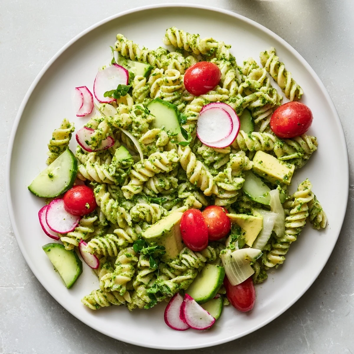Creamy Green Goddess Pasta Salad bowl packed with cherry tomatoes, snap peas, cucumber, and tangy herb dressing for summer potlucks