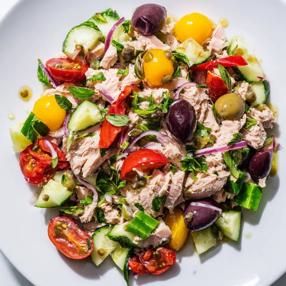 Fresh Mediterranean tuna salad bowl with colorful vegetables, olives, and lemon drizzle