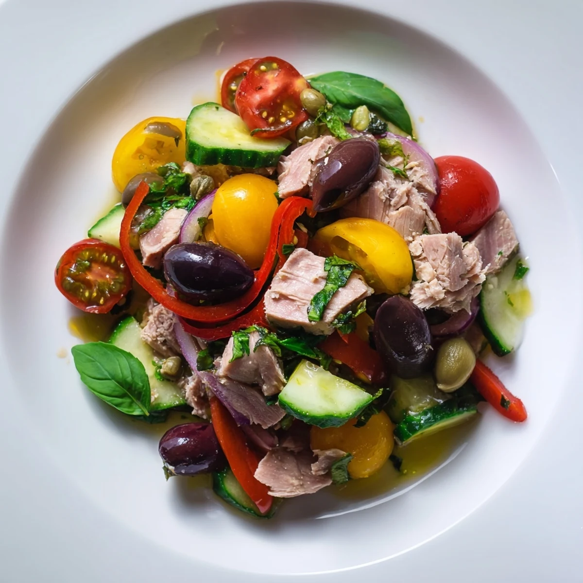 Colorful Mediterranean tuna salad plated with crisp veggies and zesty olive oil dressing