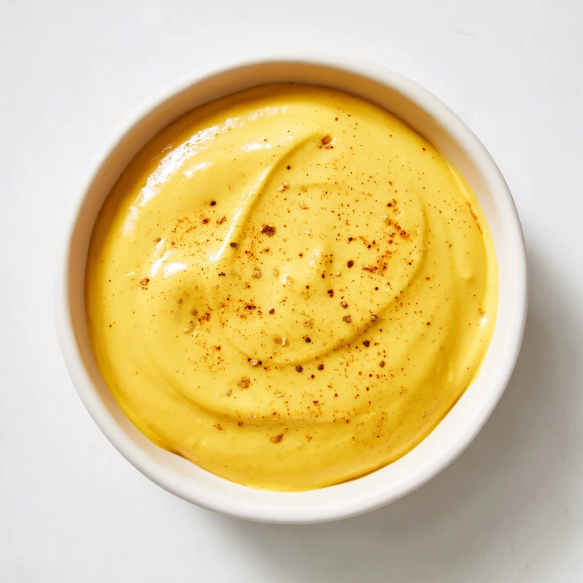 Creamy homemade cheese sauce for fries served in a white dipping bowl