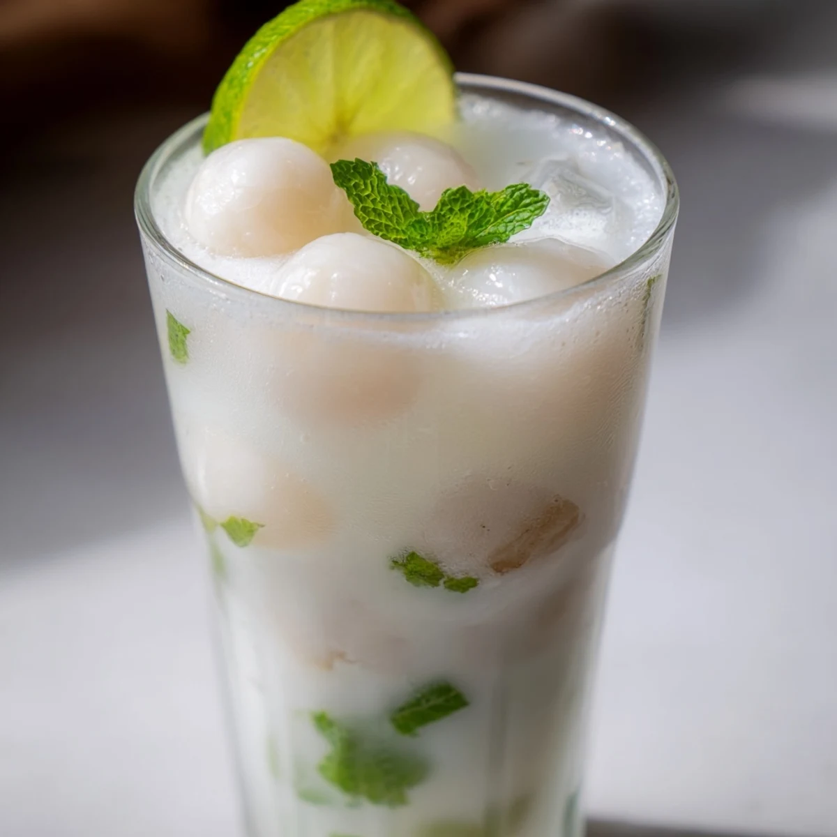 Tall glass of coconut lychee iced drink garnished with fresh mint leaves and lime slices