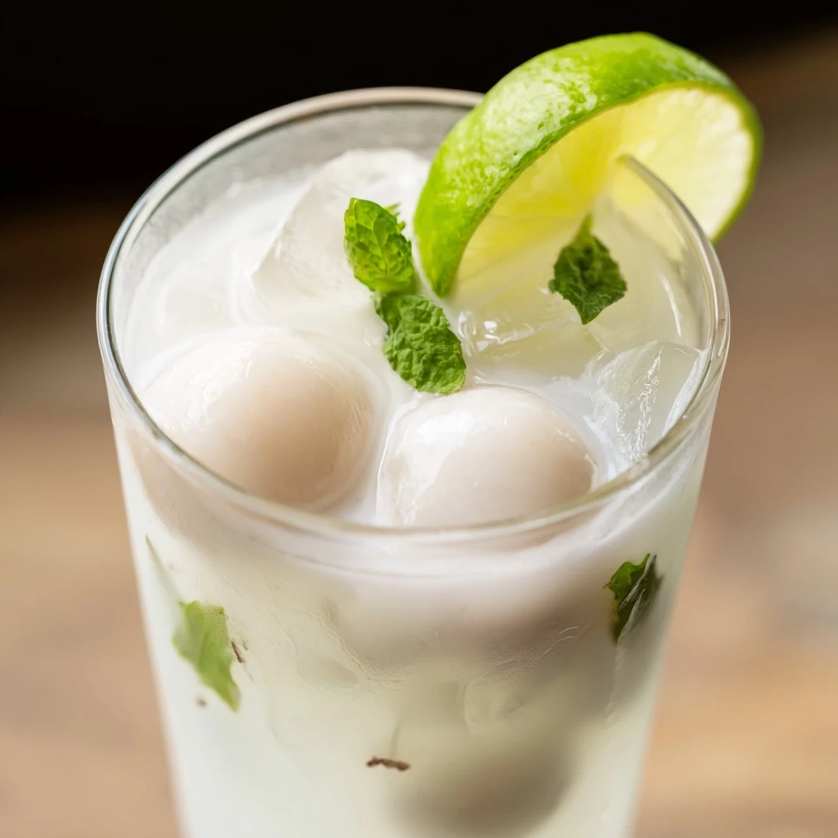 Creamy coconut lychee iced drink poured over ice in a chilled glass with whole lychee fruit