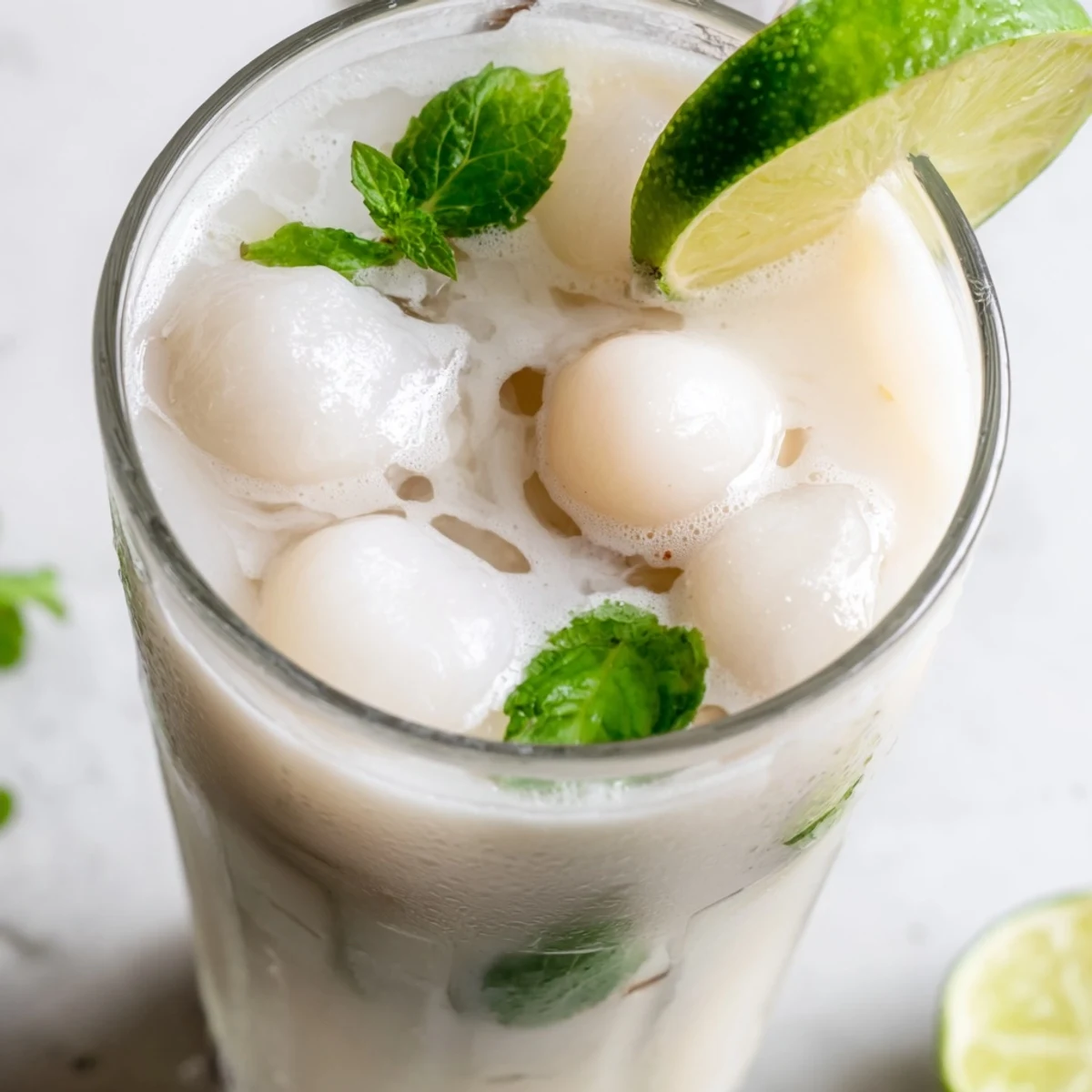 Refreshing coconut lychee iced drink served in a tall glass with ice cubes and mint sprig