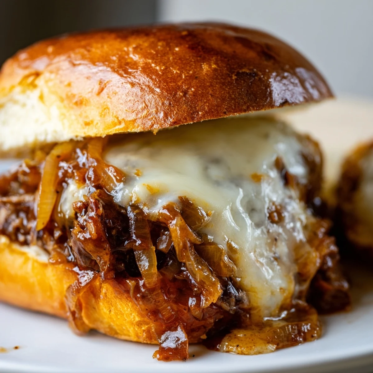 Golden caramelized onions and seasoned ground beef piled onto toasted brioche buns with melted provolone cheese