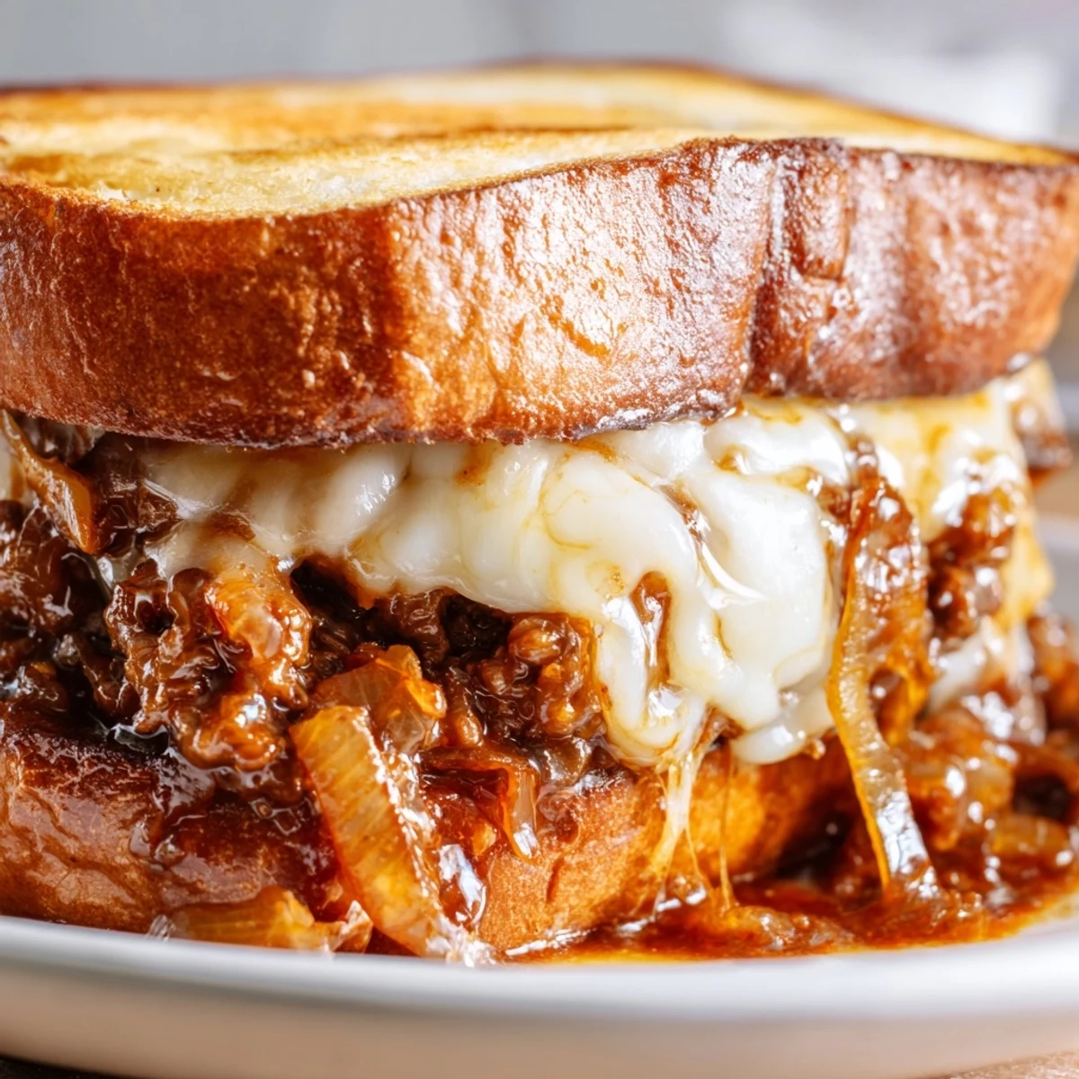 French Onion Beef Sloppy Joes featuring rich beef and onion mixture topped with bubbly Swiss cheese on buns