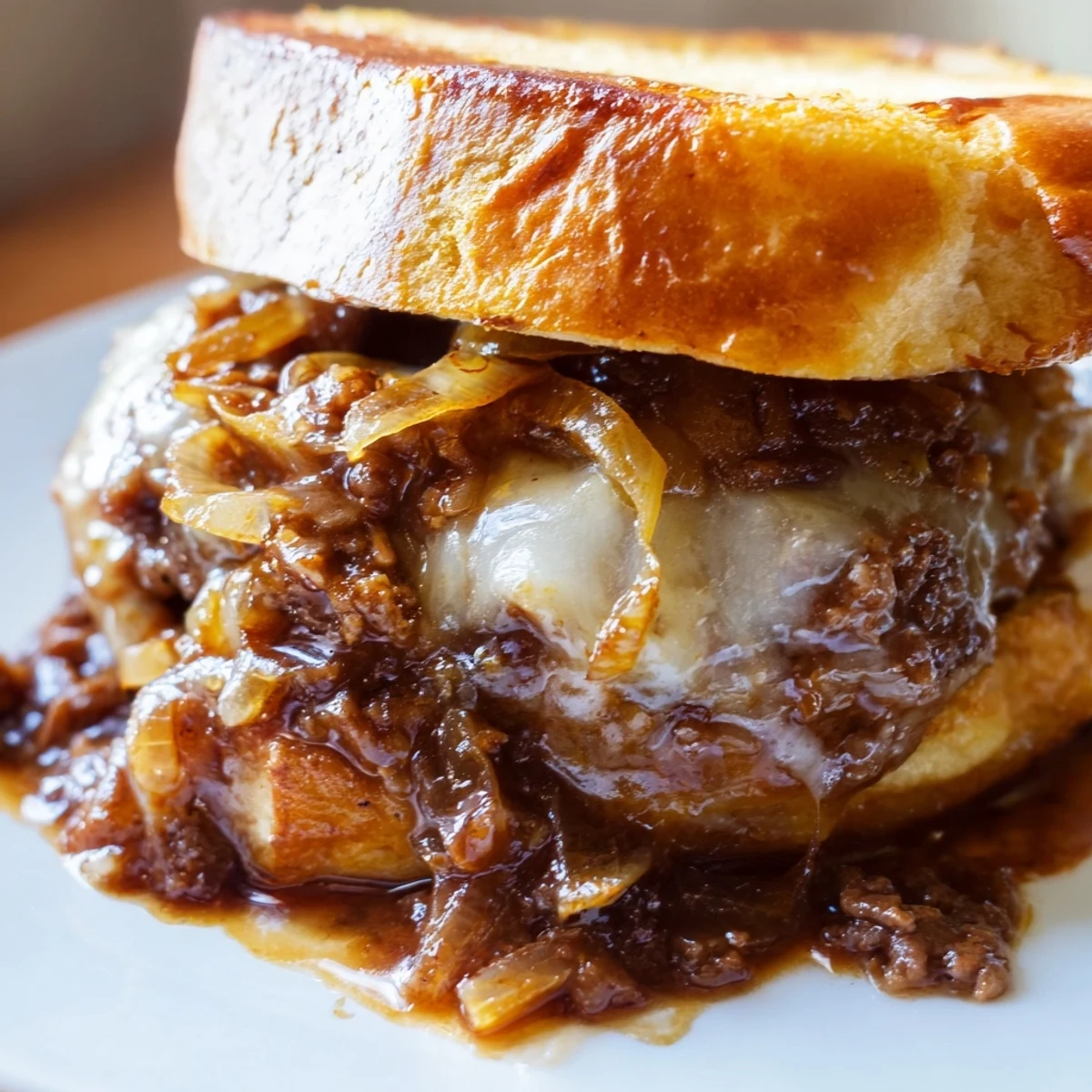 Savory French onion beef sloppy joes sandwich with gooey melted cheese and sweet caramelized onions on a toasted bun
