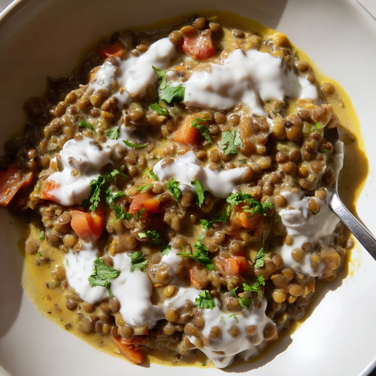 Golden Greek yogurt lentil curry served over steamed basmati rice with naan bread on the side