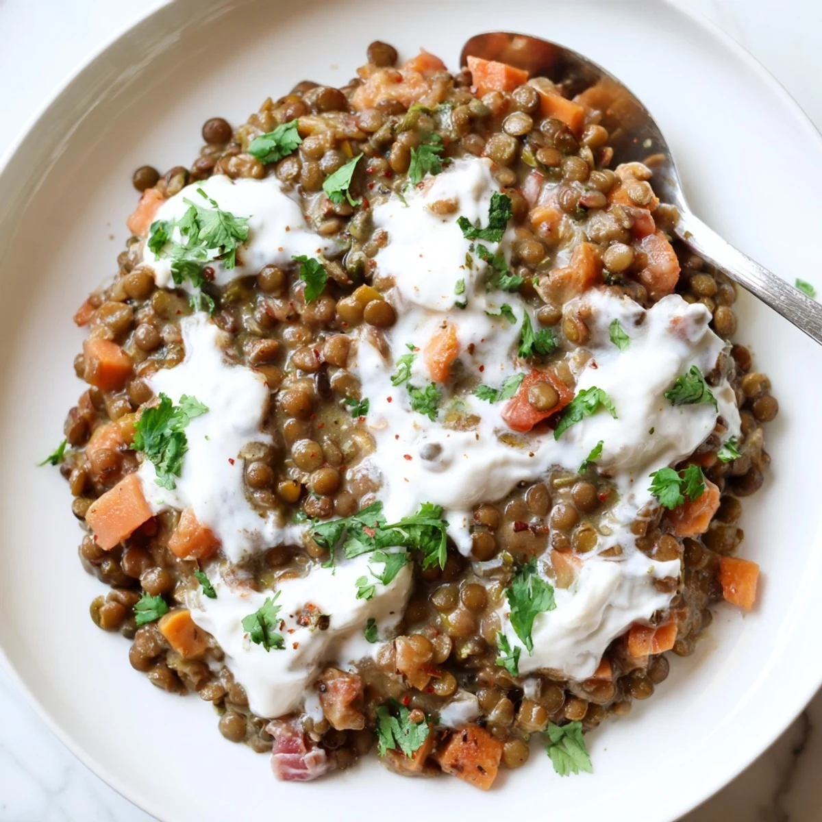 Creamy Greek yogurt lentil curry topped with fresh cilantro in a white serving bowl