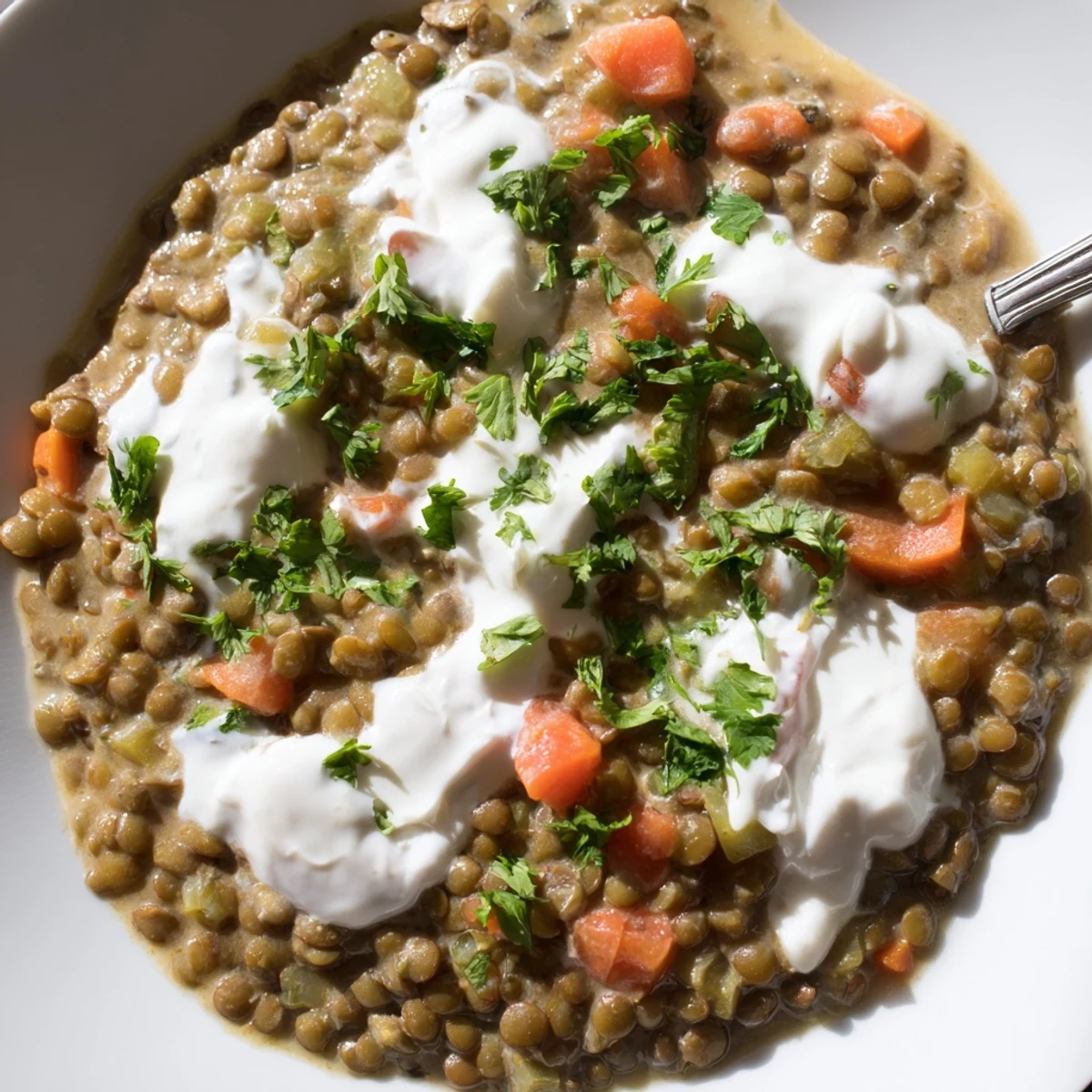 Protein-rich Greek yogurt lentil curry garnished with chopped cilantro and a squeeze of lemon
