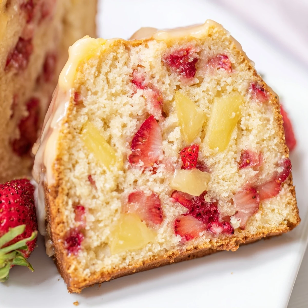 Golden slice of strawberry pineapple pound cake topped with optional pineapple glaze on a white serving plate