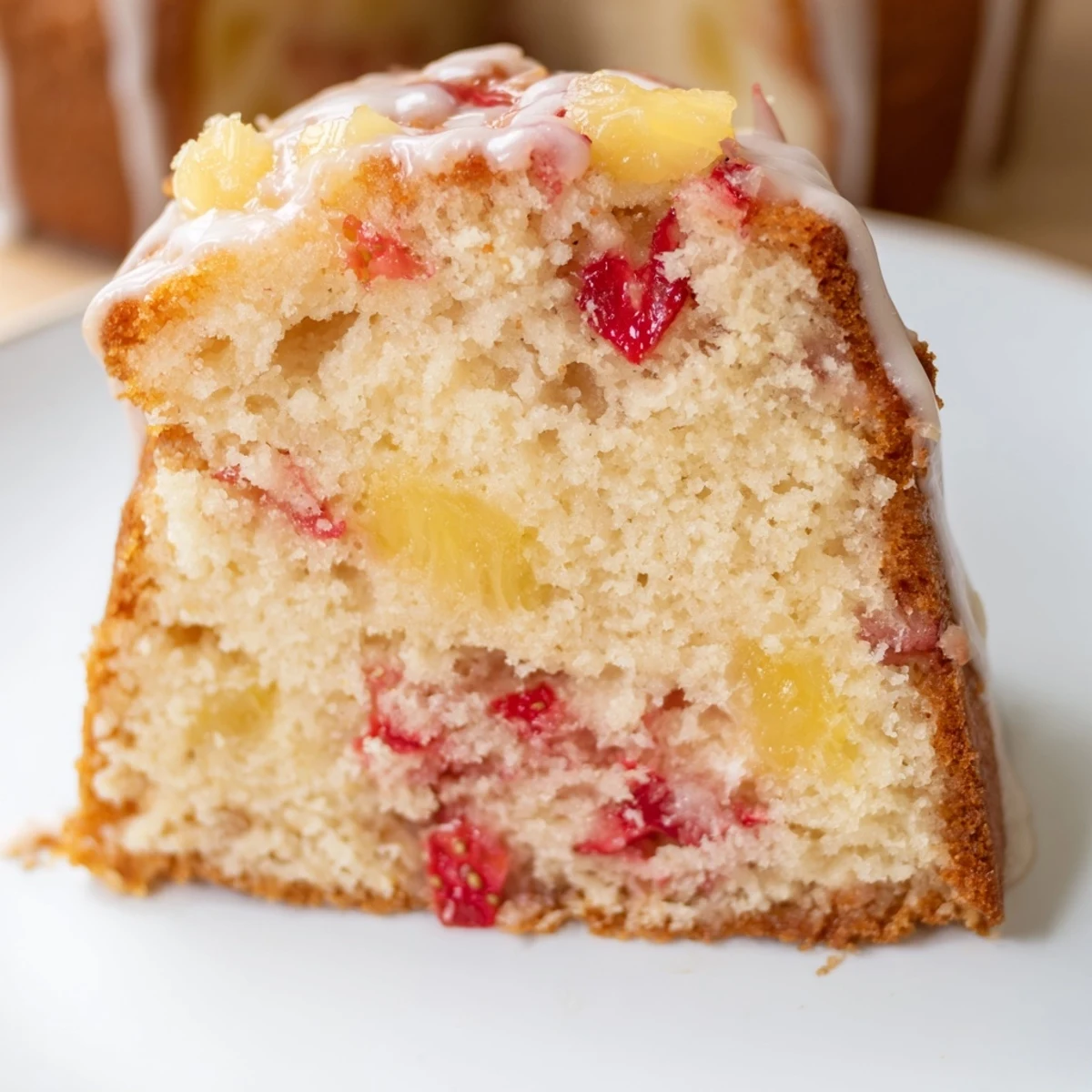 Moist strawberry pineapple pound cake loaf with red fruit pieces visible in the tender crumb