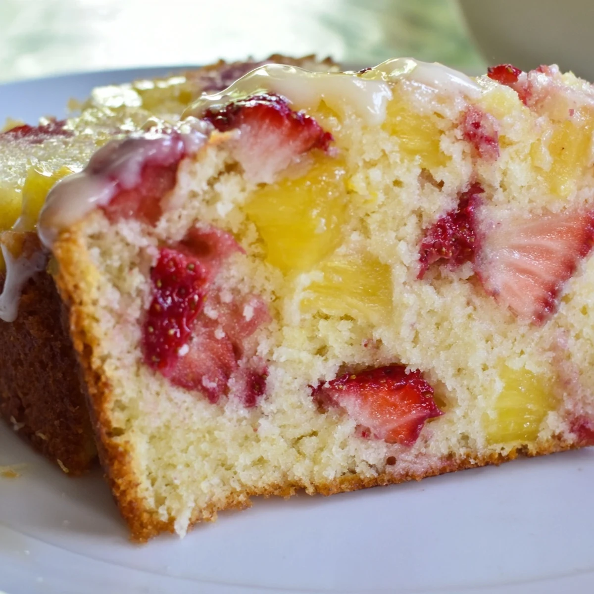 Fresh strawberries and diced pineapple folded into a golden brown pound cake ready for spring dessert