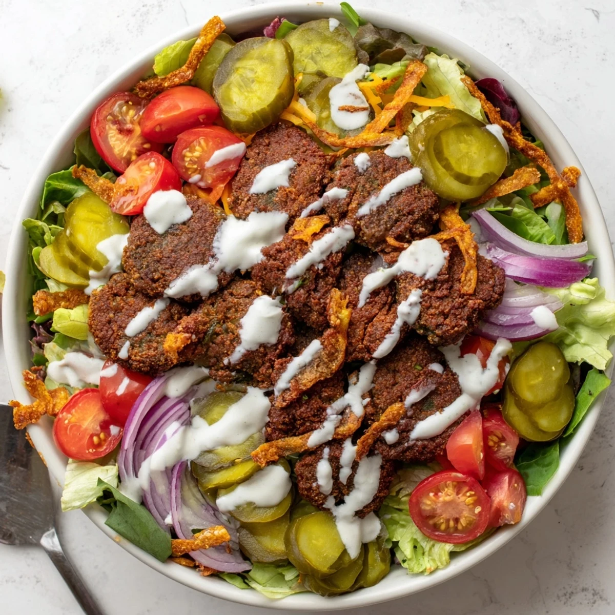 Deconstructed smash burger bowl featuring seared beef patties with pickles, avocado, and special sauce