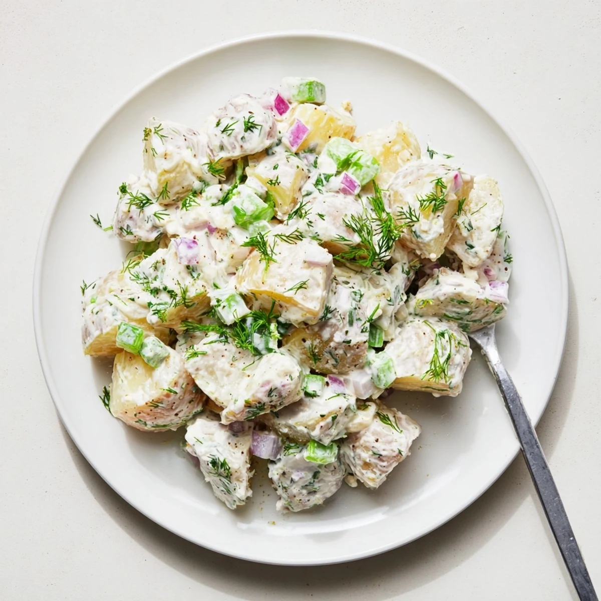 Golden potato bites coated in Greek yogurt mustard sauce with crisp red onion and parsley.