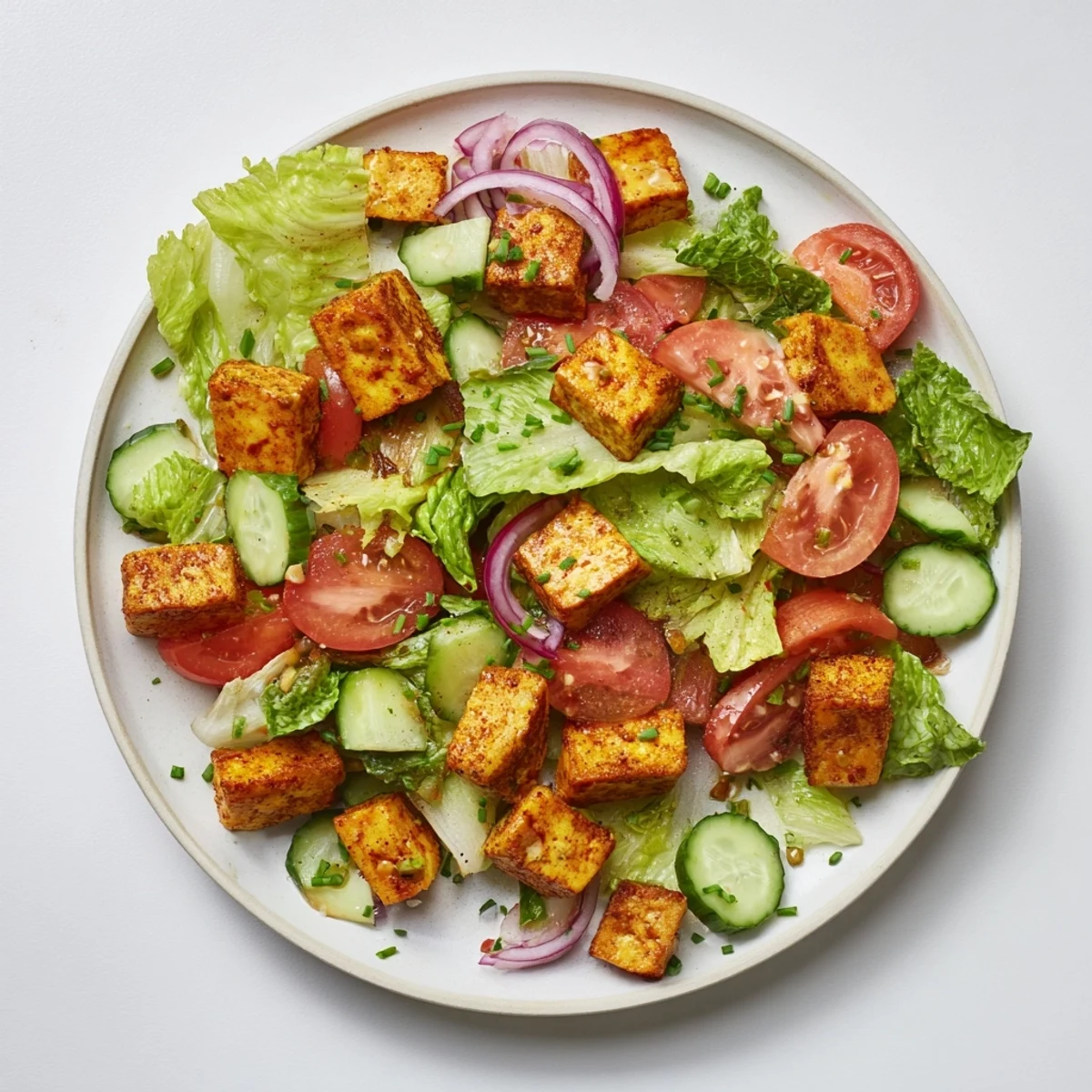 Golden smoky tofu cubes arranged over crisp romaine lettuce with juicy ripe tomatoes in a refreshing summer bowl