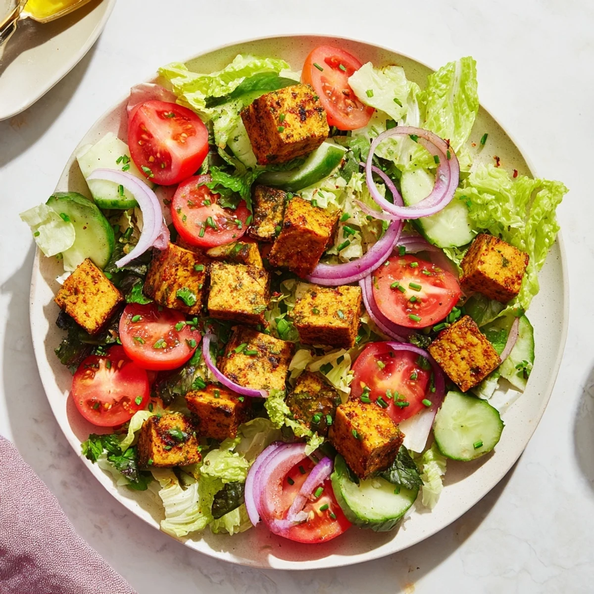 Vegan summer salad featuring warm paprika-spiced tofu nestled between fresh lettuce leaves and bright red tomato slices
