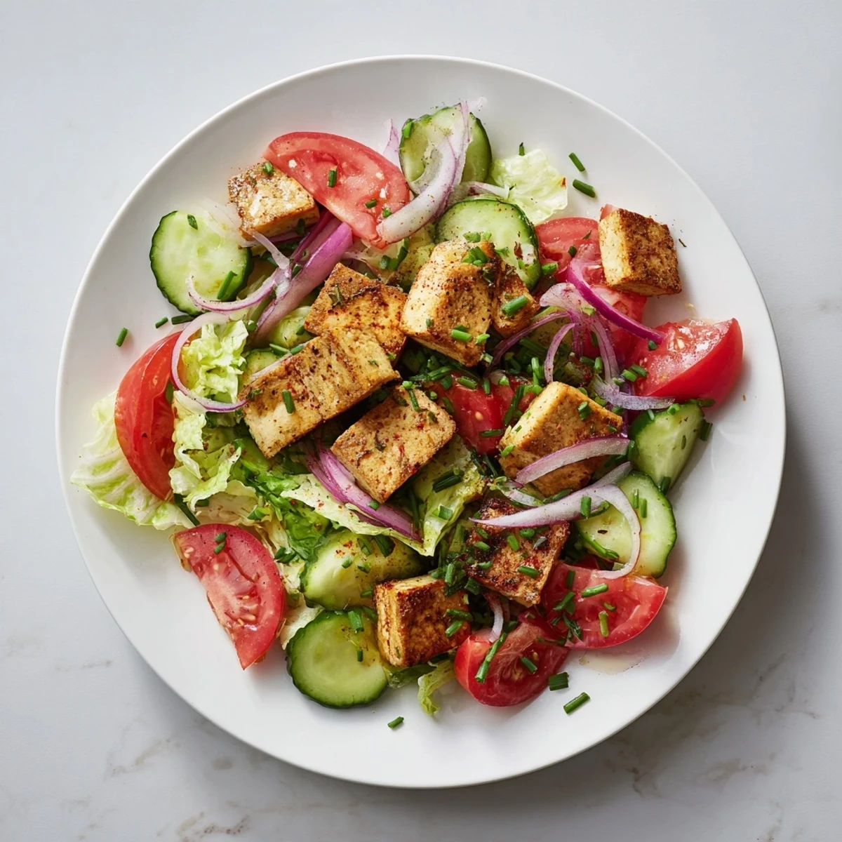 Colorful plant-based bowl with smoky spiced tofu, crisp lettuce, and juicy tomatoes perfect for light summer lunches