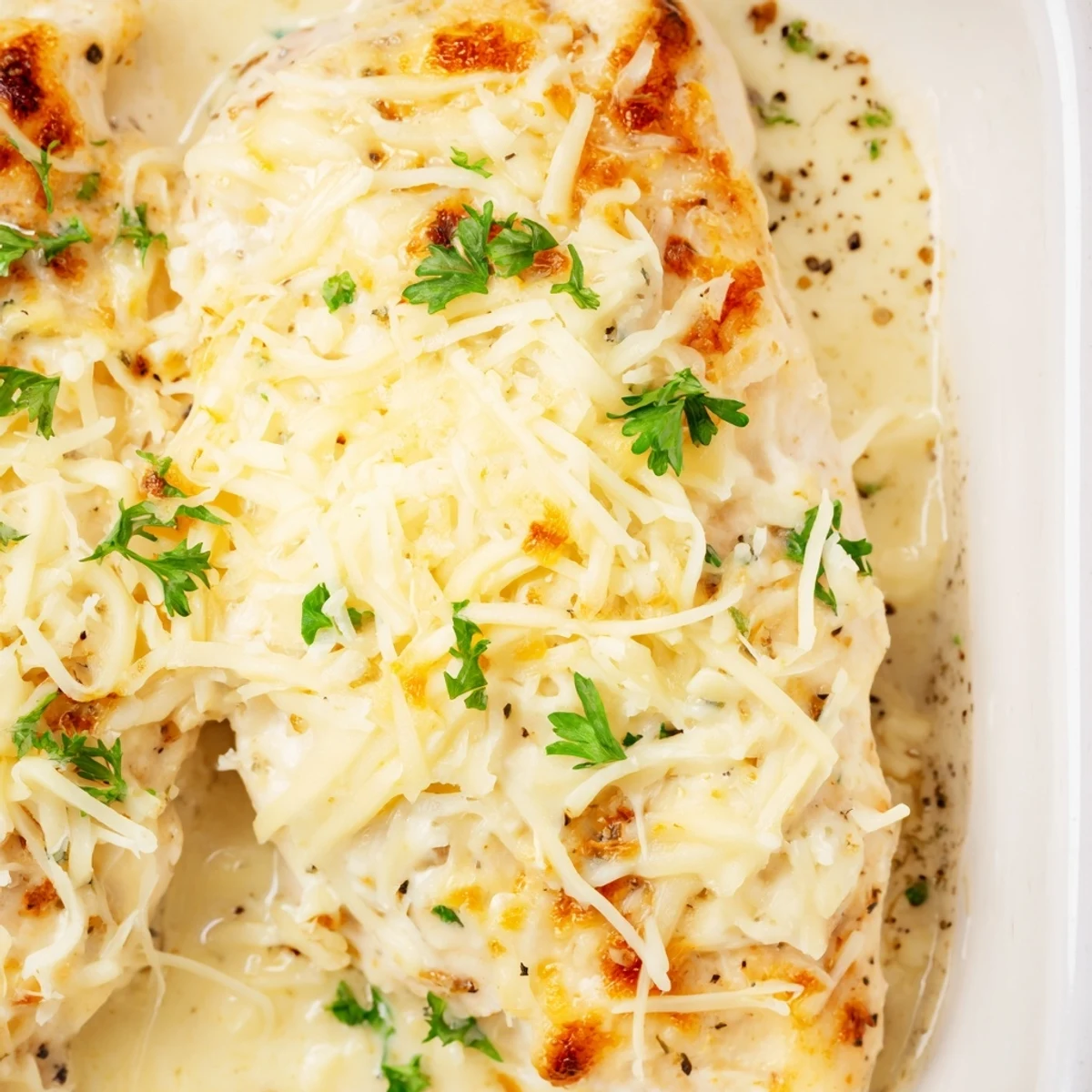 Tender juicy chicken baked in rich Caesar dressing topped with bubbly browned parmesan and mozzarella