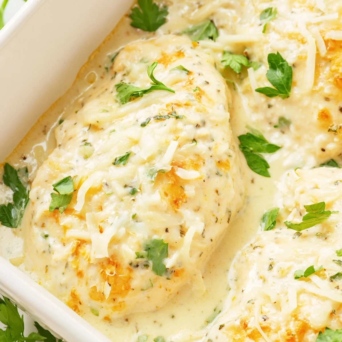 Golden baked chicken breasts smothered in creamy Caesar parmesan sauce with melted mozzarella topping