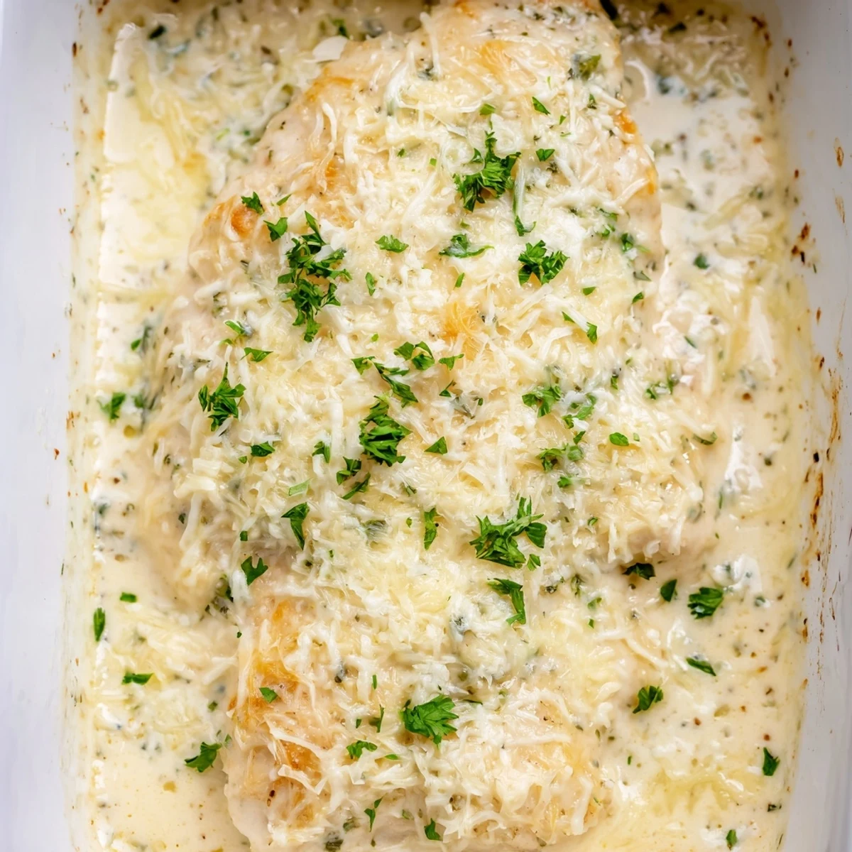 Creamy Caesar chicken casserole with golden cheese crust served garnished with fresh green parsley
