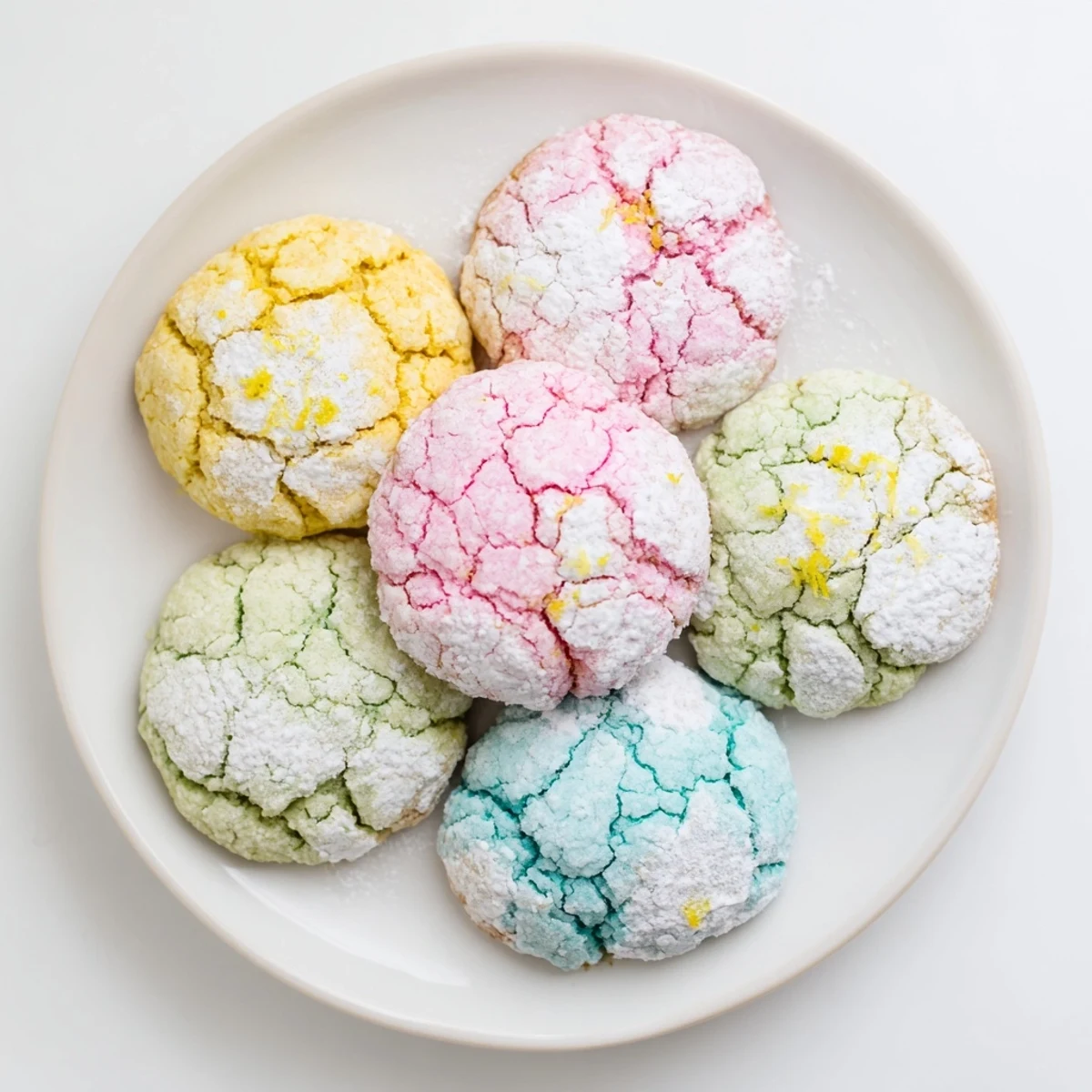 Soft baked springtime crinkle cookies in pink yellow and green with delicate crinkled texture.