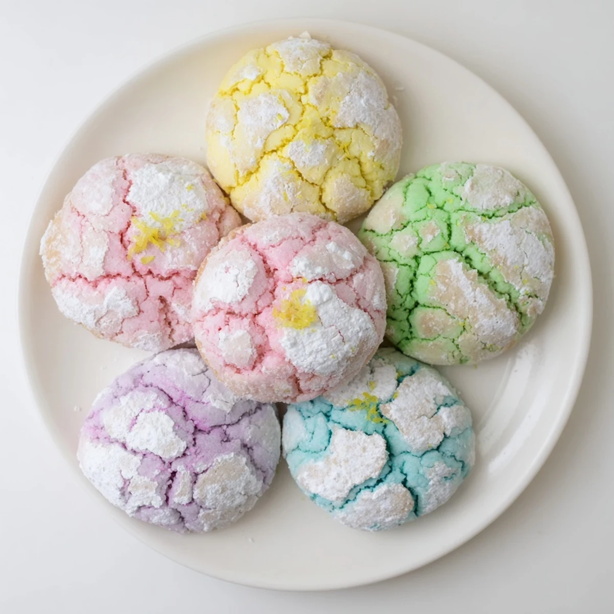 Pastel springtime crinkle cookies with colorful cracked tops and powdery white sugar coating.