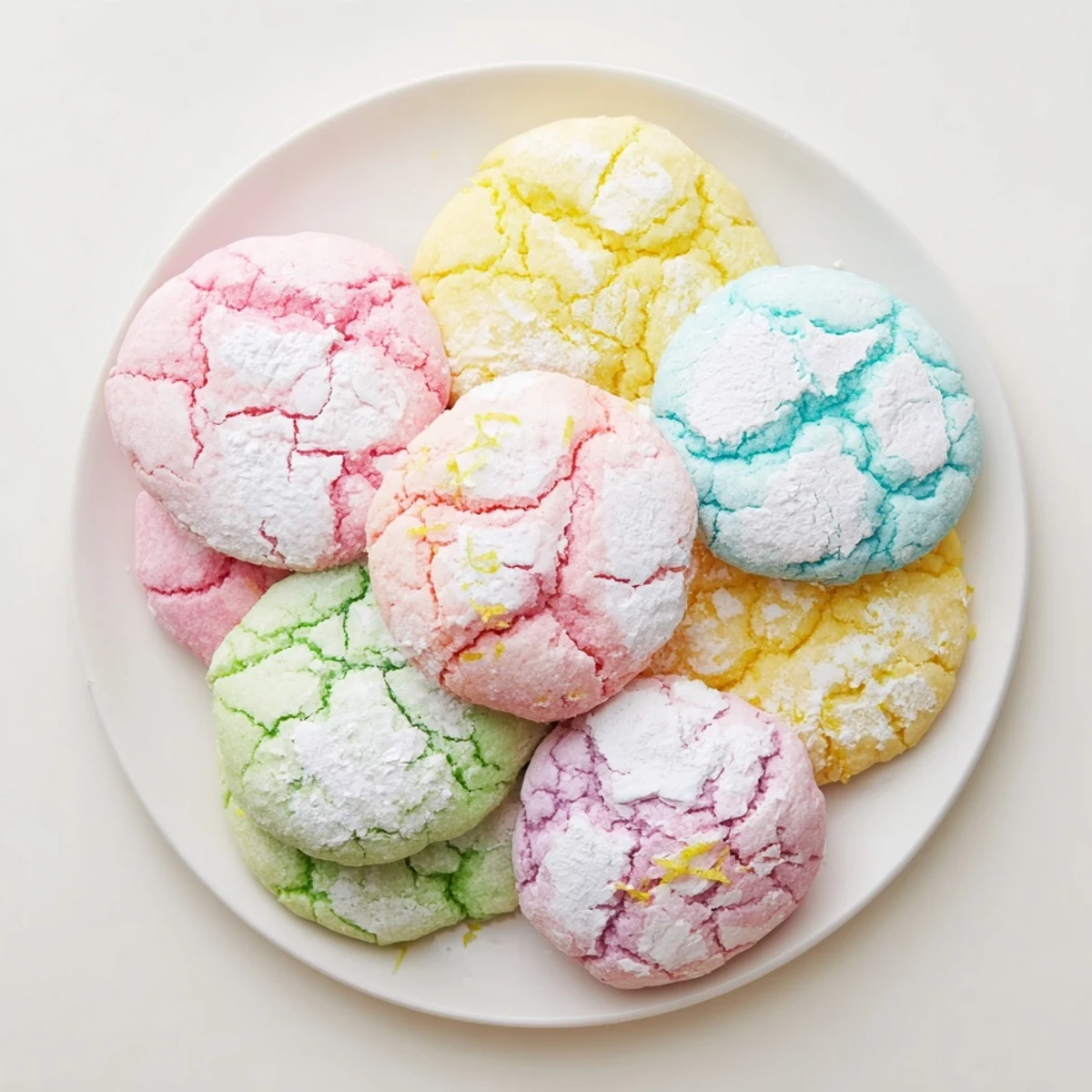 Batch of pastel springtime crinkle cookies arranged on wire rack after baking.