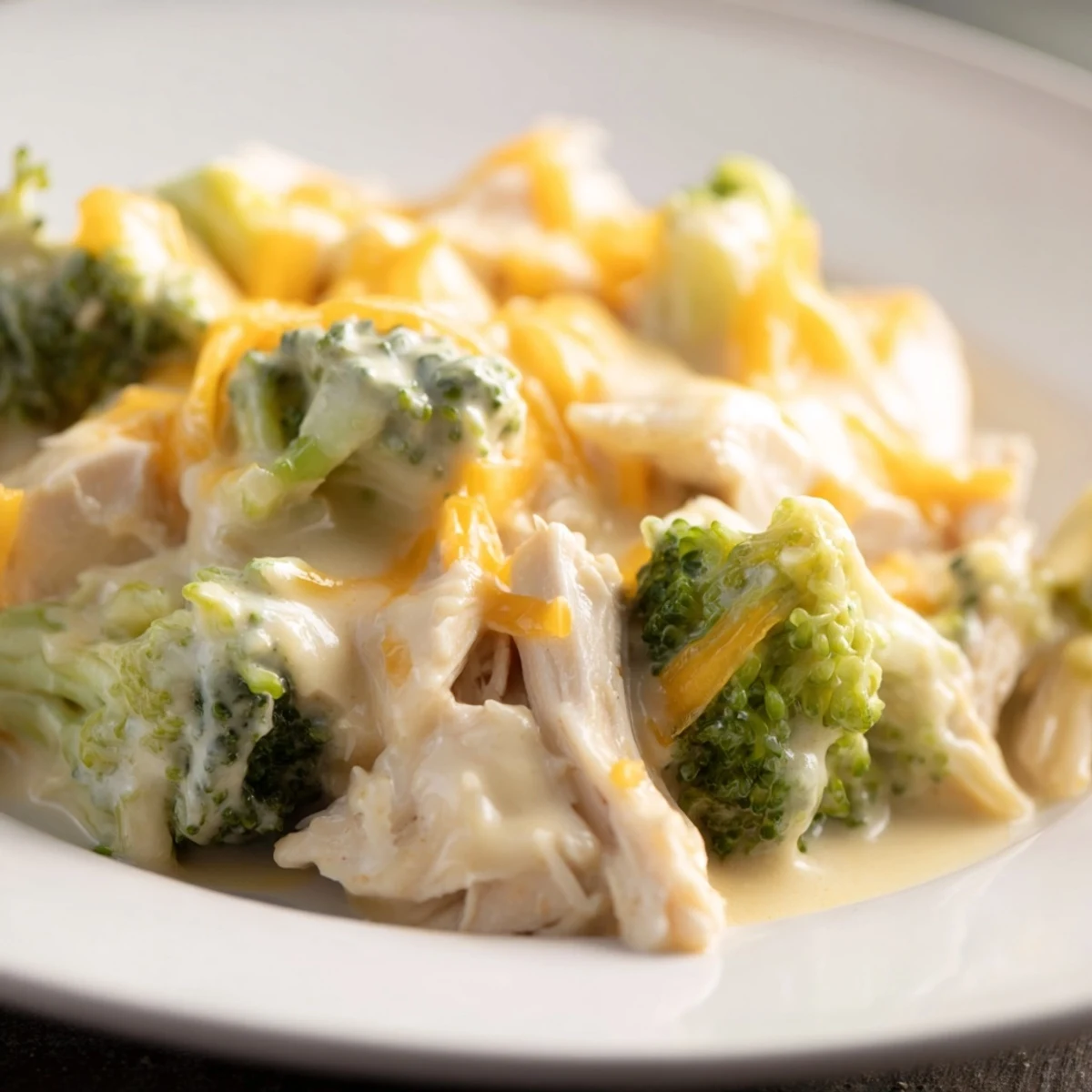 Golden shredded chicken breast pieces swimming in rich, cheesy broccoli cheddar sauce