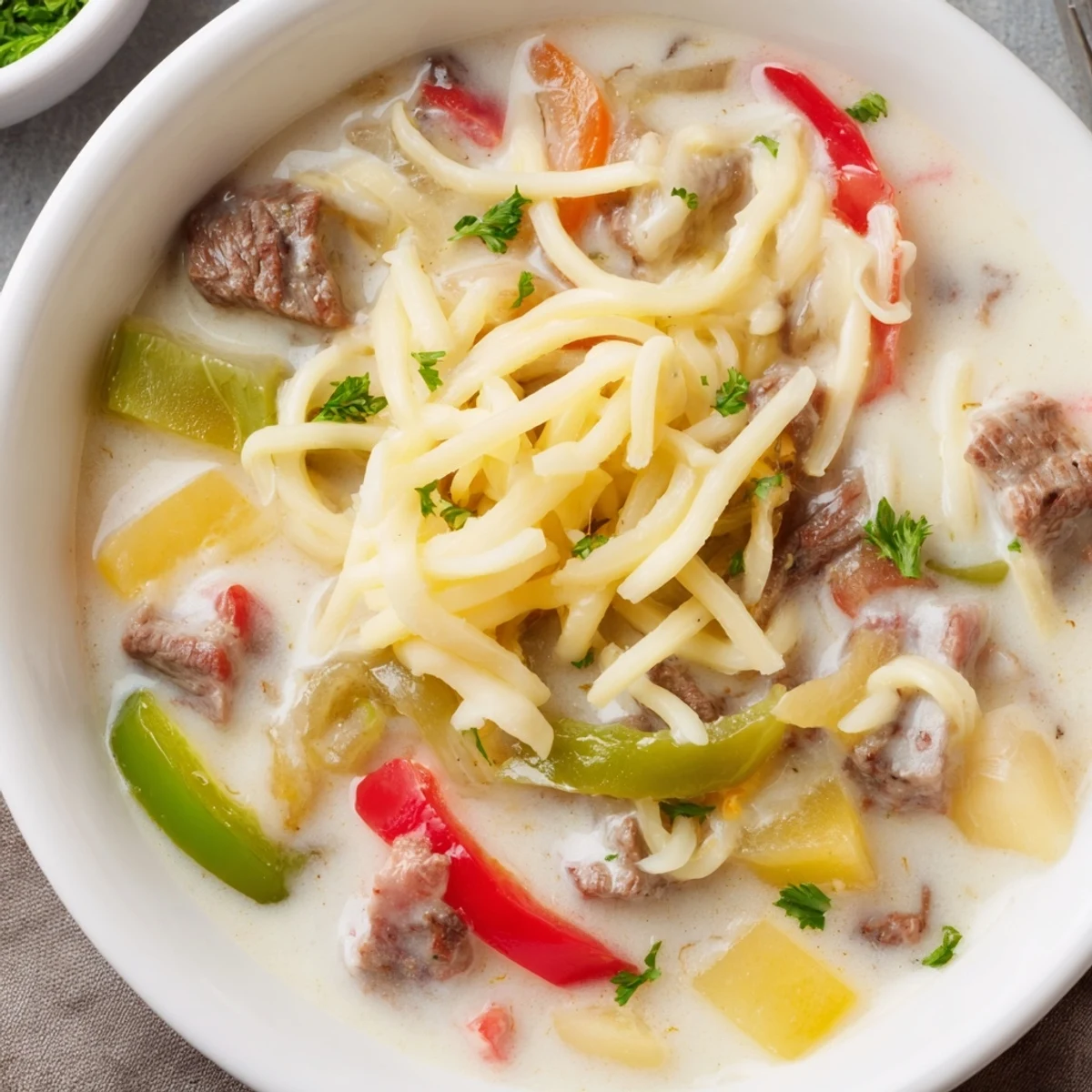 Creamy Philly cheesesteak soup brimming with tender beef, colorful peppers, and melted provolone cheese