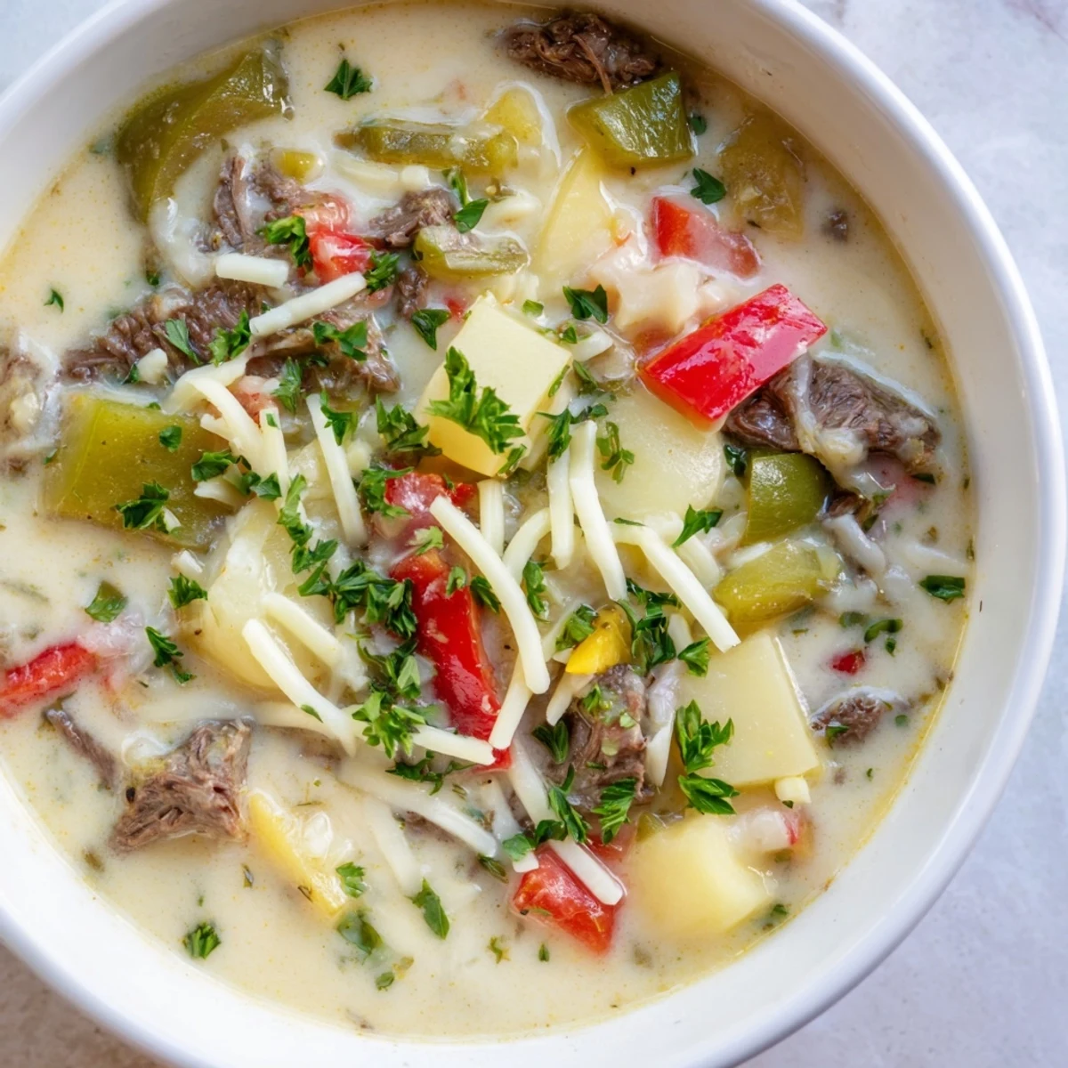 Hearty Philly cheesesteak soup featuring sautéed onions, sliced steak, and a rich, cheesy broth bowl