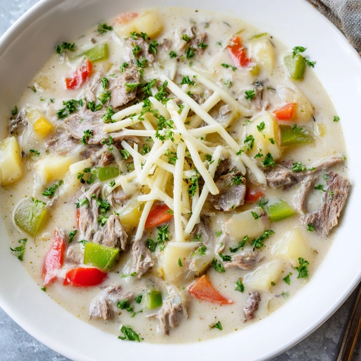 Savory Philly cheesesteak soup topped with melted mozzarella and served with crusty bread for dipping