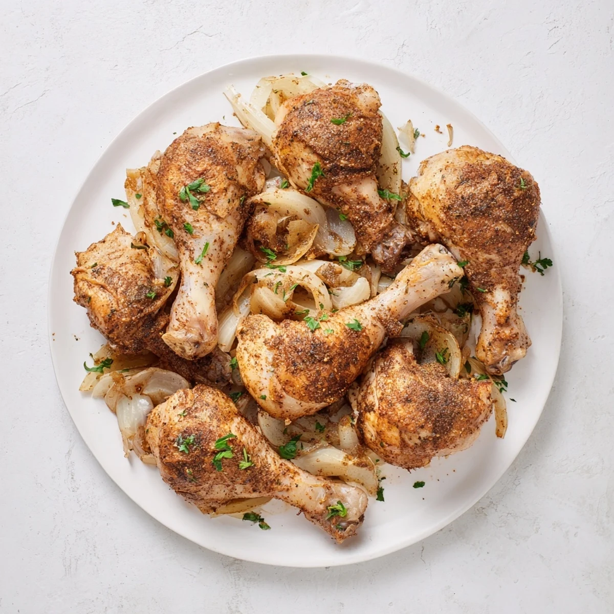 Juicy Crockpot chicken legs garnished with fresh parsley over sliced onions