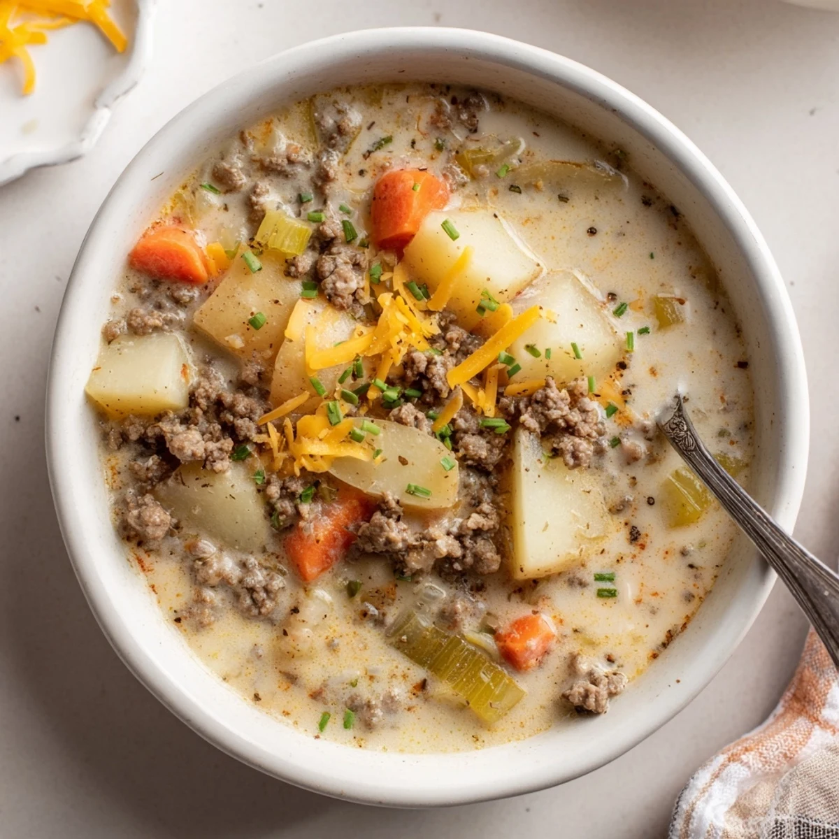 Hearty slow cooker soup with ground beef tender potatoes in rich broth