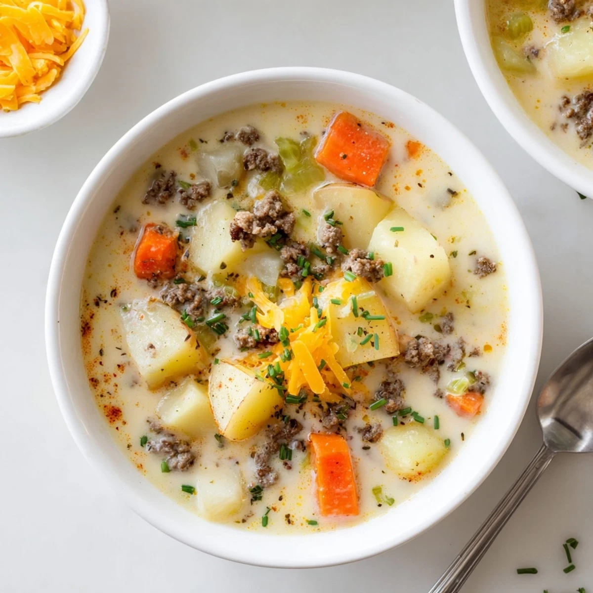 Creamy Crockpot potato hamburger soup topped with melted cheddar and fresh chives