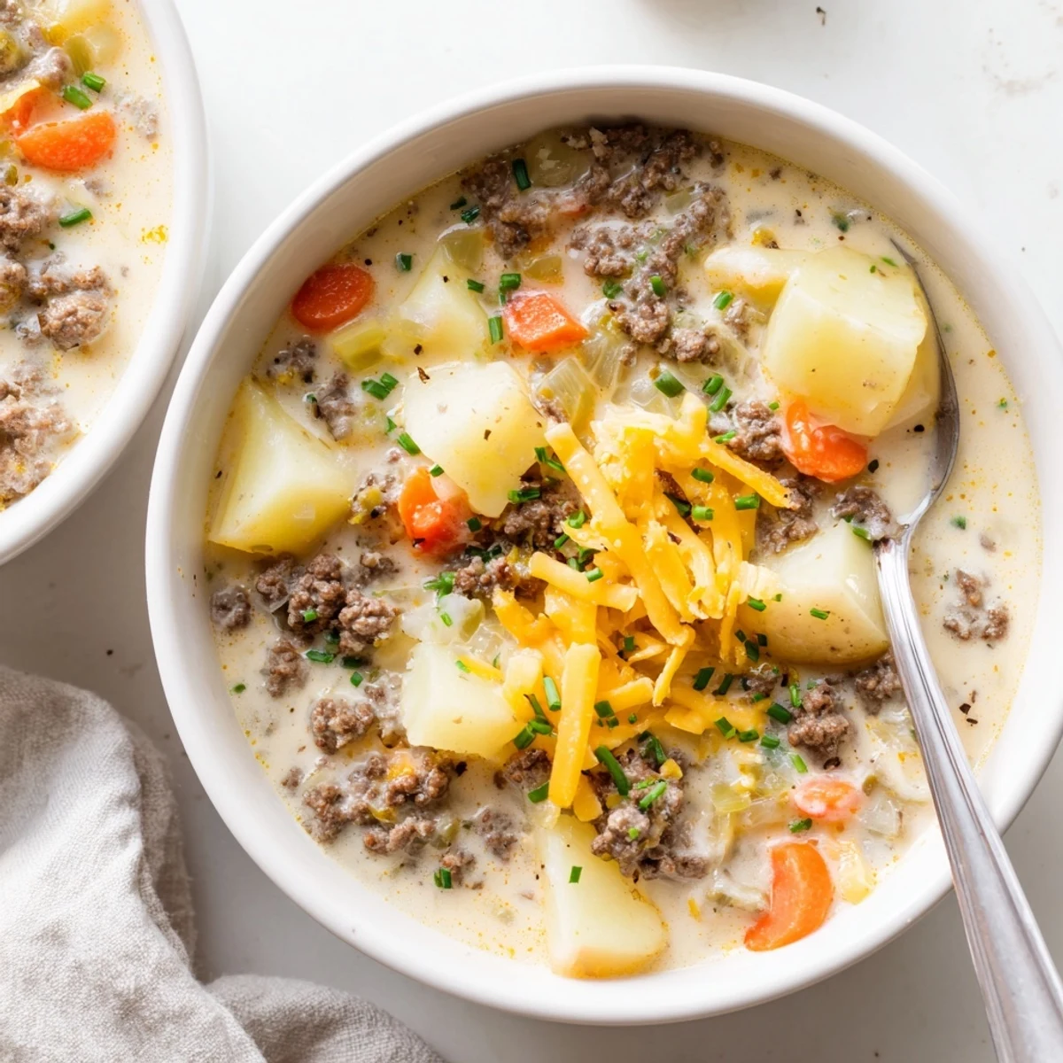 Bowl of hamburger potato soup garnished with bacon bits and shredded cheese