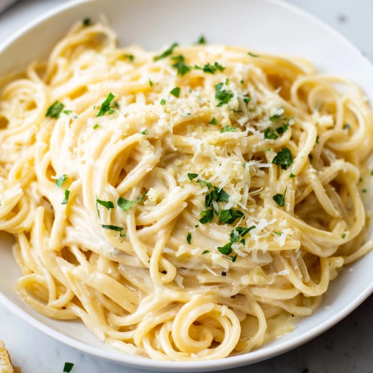 Golden strands of Cheesy Garlic Parmesan Spaghetti coated in rich, creamy white sauce with fresh parsley garnish